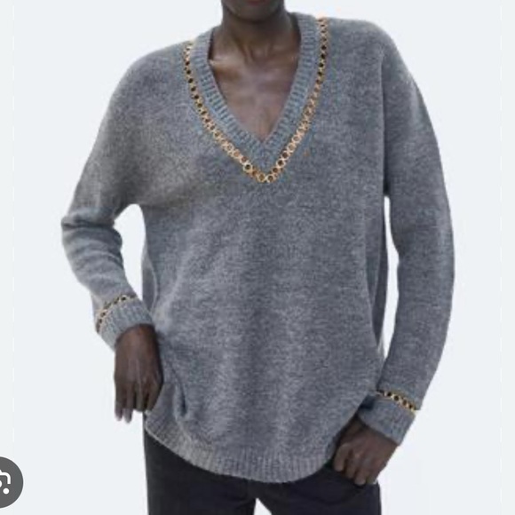 Zara Other - Zara Gray V-Neck Sweater with Gold Trim